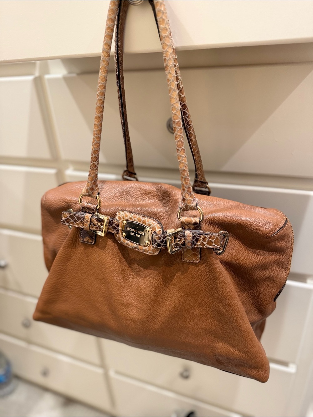 Michael Kors Cognac pebbled Leather 
Satchel Bag with Snakeskin-Trim